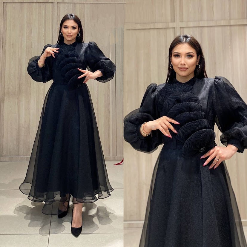 black long sleeve organza dress Textured Organza Long Full Circle Dress